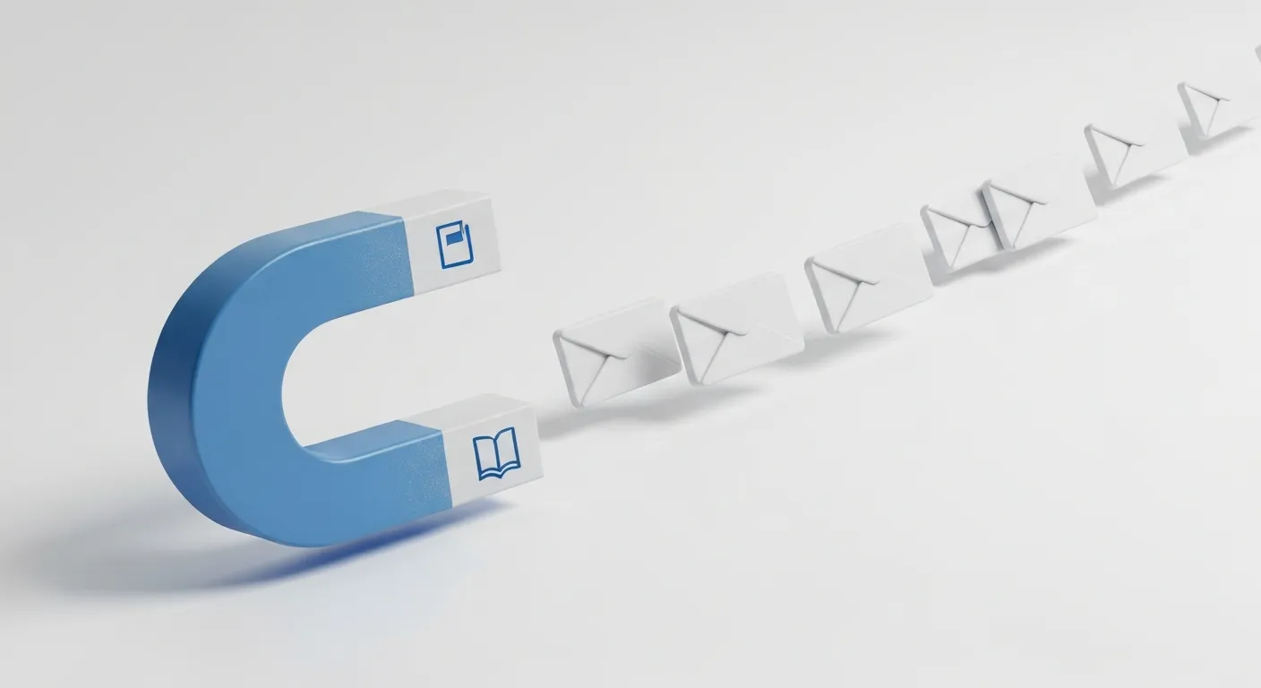 An abstract 3D visualization of a large, friendly-looking magnet labeled 'Free E-book' successfully attracting a stream of email envelope icons. This represents the concept of a lead magnet attracting new subscribers for a newsletter.