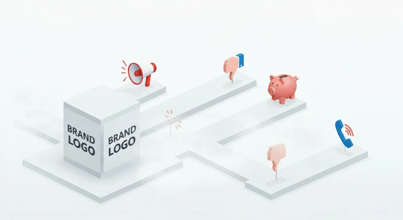 An isometric illustration showing a central company logo with several paths leading away from it. Each path is labeled with an icon representing a reason for customer churn: a cracked piggy bank for price, a competitor's megaphone, and a sad face for poor service.