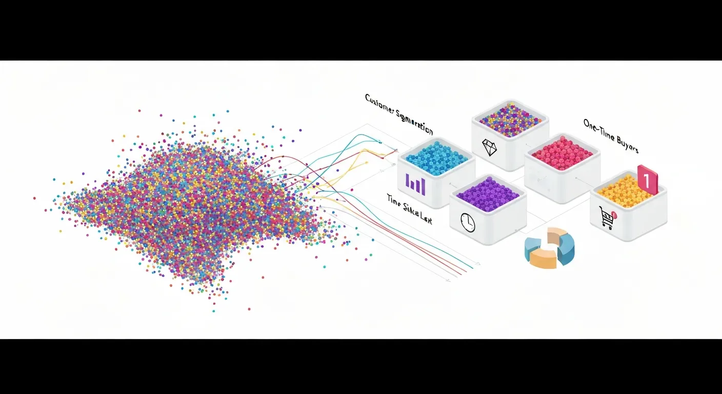 A data visualization diagram showing a large, jumbled group of customer icons being sorted by a data analysis interface into three neat, separate groups. The groups are labeled 'High Value', 'At Risk', and 'Long-term Inactive', illustrating customer segmentation.