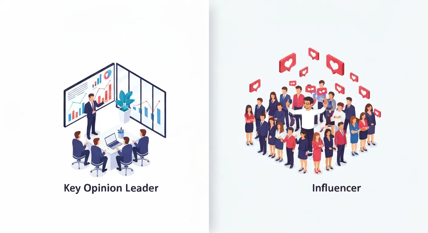 Porównawcza ilustracja izometryczna. Po lewej stronie Lider Opinii (naukowiec) przemawiający do specjalistów, a po prawej Influencer z telefonem przemawiający do szerokiej, masowej publiczności.
