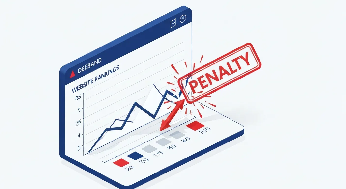 An isometric illustration showing a website's search ranking graph being hit by a large red 'PENALTY' stamp, causing the graph to plummet downwards, symbolizing a Google penalty for using black-hat SEO techniques.