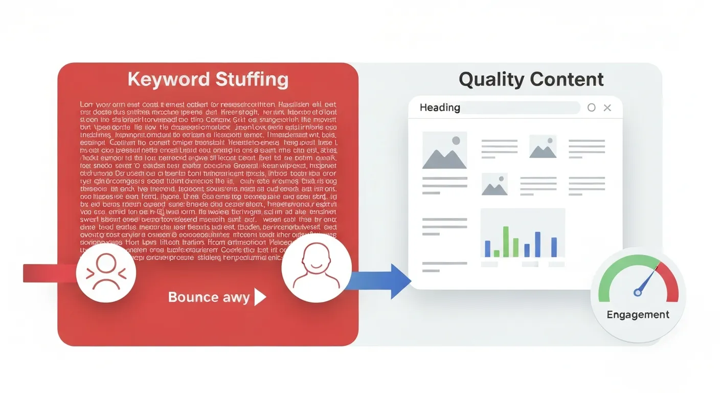 A split-screen diagram comparing bad user experience from keyword stuffing with good user experience from quality content. One side shows a frustrated user with a wall of repetitive text, the other a happy user with a well-structured page.
