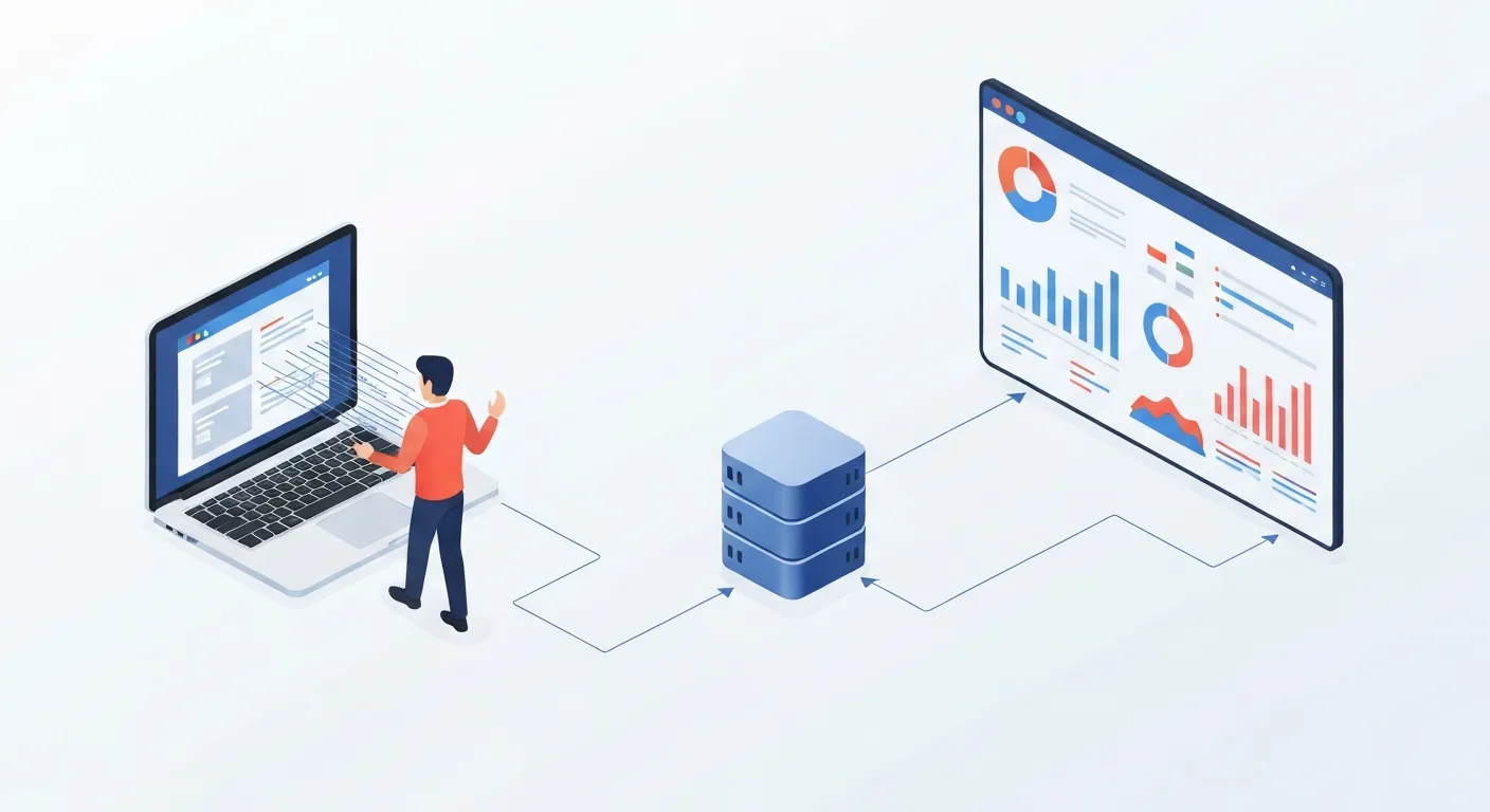 Schemat izometryczny pokazujący, jak działa kod śledzący: użytkownik na laptopie, kod zbierający dane, dane przesyłane na serwer i wyświetlane jako wykresy na pulpicie analitycznym.