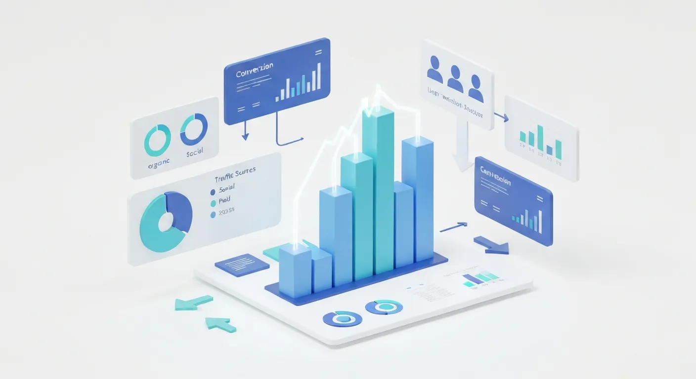 Marketer analizujący pulpit nawigacyjny z kluczowymi wskaźnikami, takimi jak źródła ruchu i konwersje, co ilustruje podejmowanie decyzji w oparciu o dane zebrane przez kod śledzący.