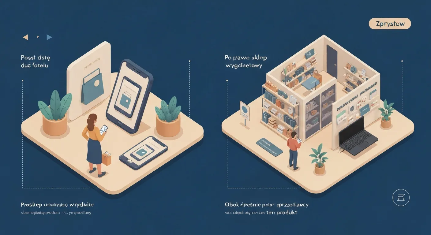 Ilustracja izometryczna pokazująca ścieżkę klienta w modelu ROPO (Research Online, Purchase Offline). Po lewej stronie postać przegląda produkt na smartfonie, a po prawej ta sama postać finalizuje zakup przy kasie w sklepie stacjonarnym.