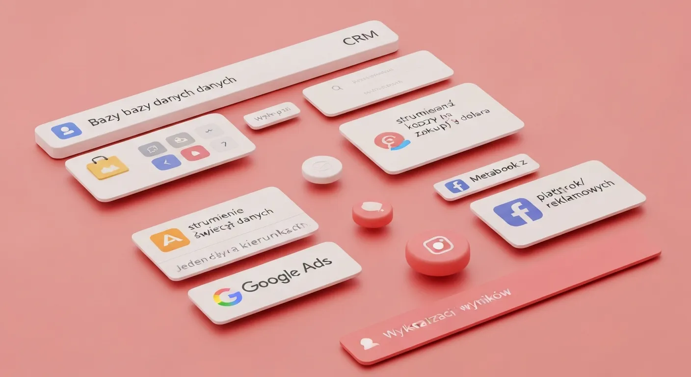 Abstrakcyjna wizualizacja danych ilustrująca proces przesyłania danych o konwersjach offline z systemu CRM do platform reklamowych Google i Meta w celu optymalizacji kampanii.