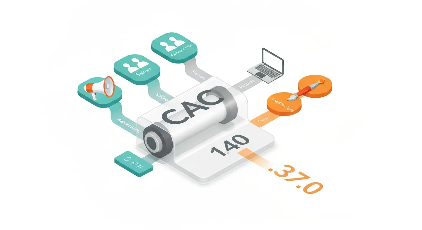 Ilustracja izometryczna pokazująca różne elementy kosztów, takie jak reklamy, wynagrodzenia i oprogramowanie, łączące się w centralnym punkcie obliczeniowym oznaczonym jako CAC.
