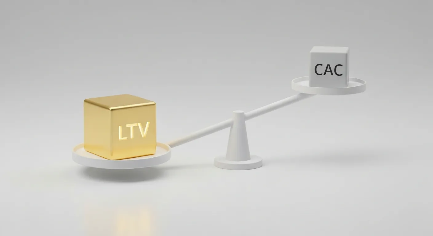 Wizualizacja wagi szalkowej, na której jedna szala z napisem LTV, zawierająca duży stos złotych monet, przeważa nad drugą szalą z napisem CAC i jedną brązową monetą, co obrazuje zdrowy stosunek LTV do CAC.