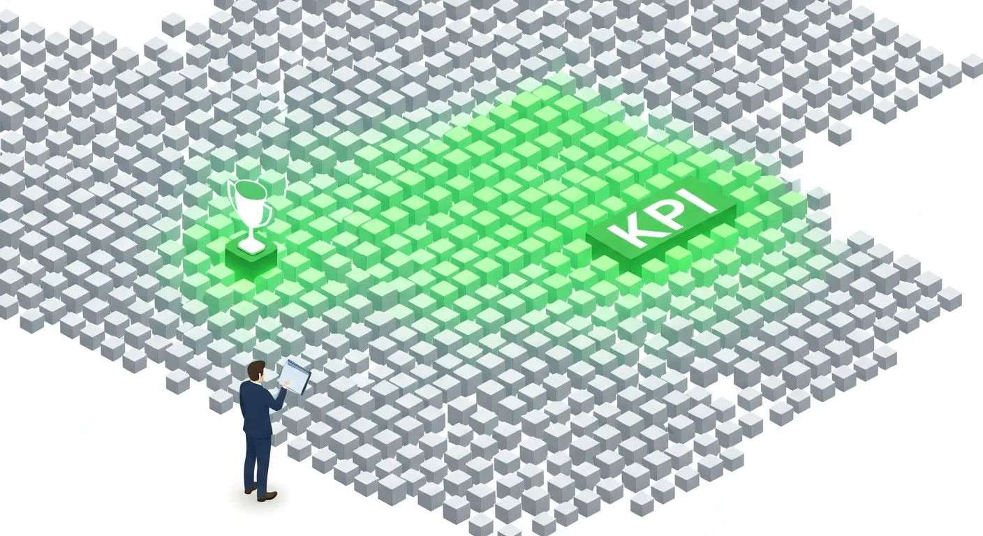 An illustration distinguishing between metrics and KPIs, showing a few glowing key indicators forming a clear path towards a goal amidst a sea of generic data points.