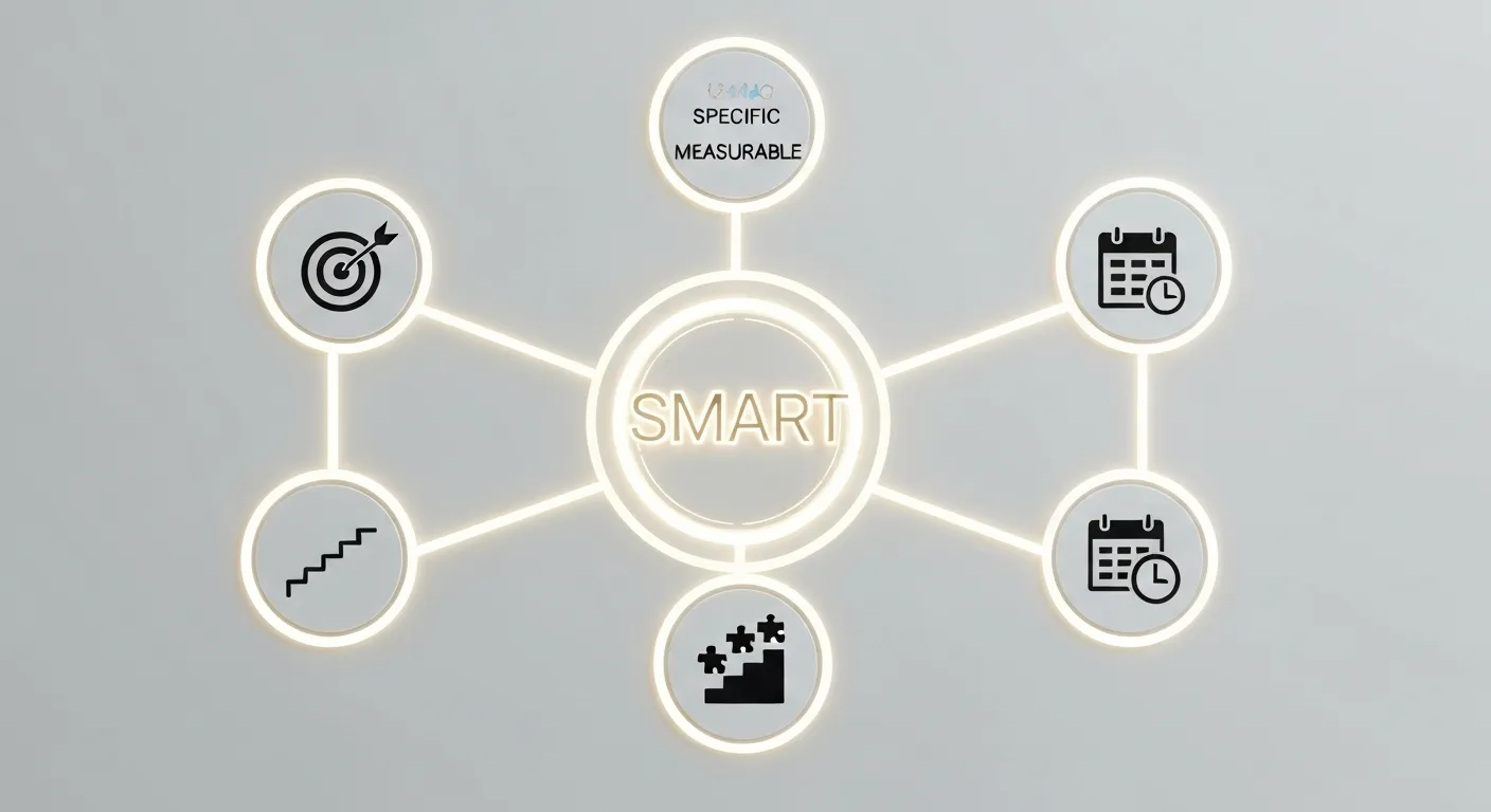 A conceptual diagram illustrating the SMART framework for setting goals, with icons for Specific, Measurable, Achievable, Relevant, and Time-bound.