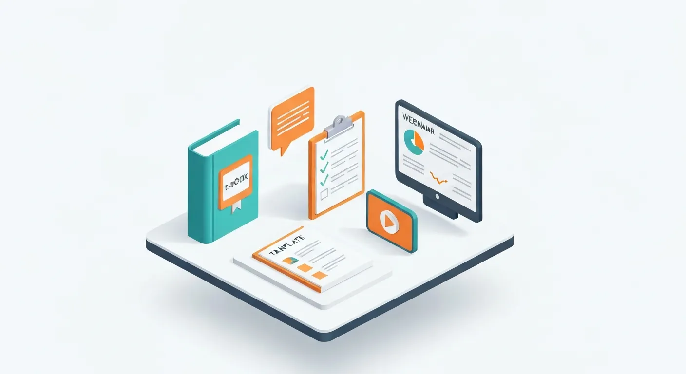 Ilustracja izometryczna prezentująca różne rodzaje lead magnetów, takie jak e-book, checklista, szablon i webinar, ułożone na platformie cyfrowej.