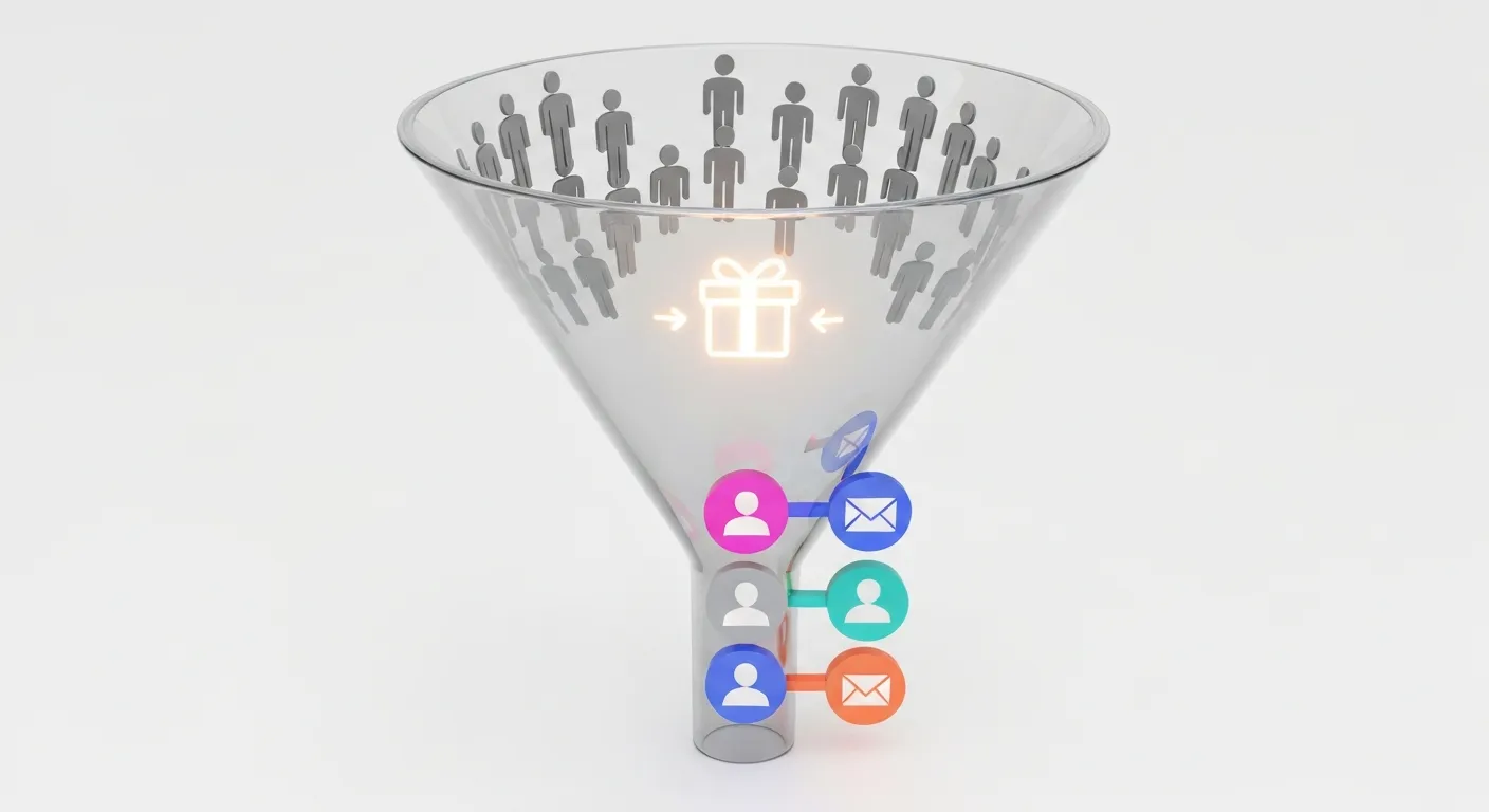Abstrakcyjna wizualizacja lejka marketingowego, w którym anonimowe ikony użytkowników wpadają do szerokiej góry i na dole wychodzą jako wartościowe, zidentyfikowane kontakty.