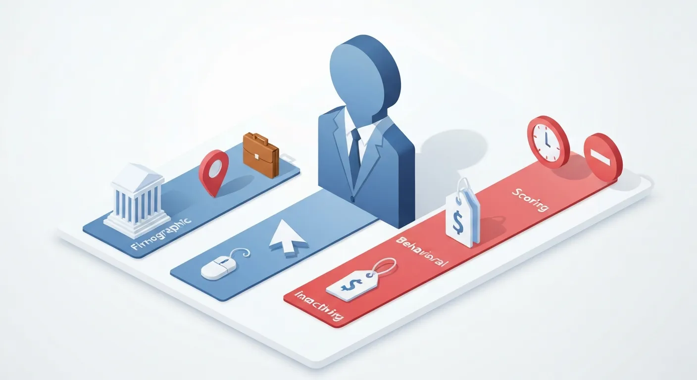An isometric illustration showing the different data types used in lead scoring. A central customer profile is being fed by three data streams: one for demographics (company size, industry), one for behavior (website visits, pricing page views), and a red stream for negative scores (inactivity, wrong profile).
