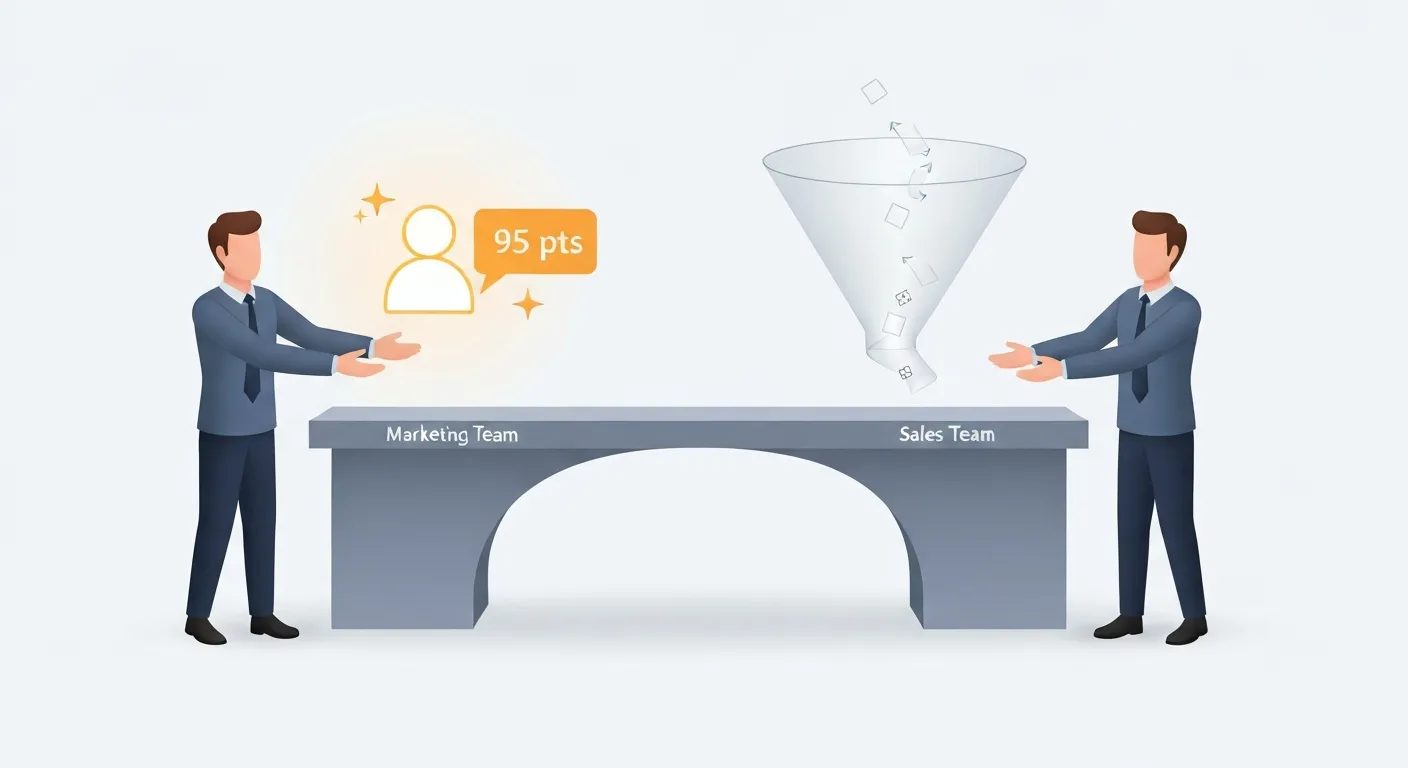 A conceptual illustration demonstrating the alignment between marketing and sales (Smarketing) achieved through lead scoring. The marketing team hands a high-quality, glowing lead over a bridge to the sales team, signifying a smooth and efficient handoff process.