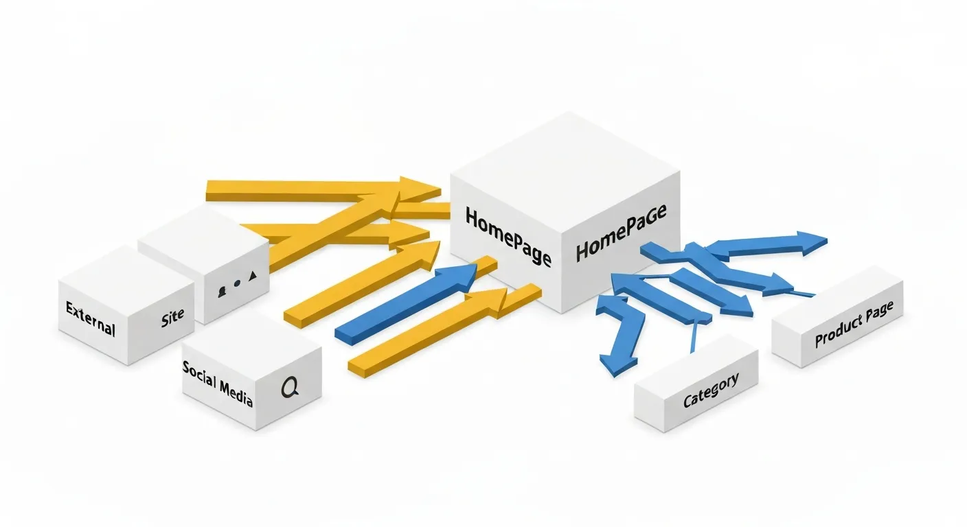 Izometryczna ilustracja przedstawiająca przepływ link juice. Grube strumienie energii (backlinki) płyną z zewnętrznych platform do strony głównej serwisu, która następnie dystrybuuje cieńsze strumienie do podstron wewnętrznych (blog, produkt), obrazując strategię linkowania wewnętrznego.