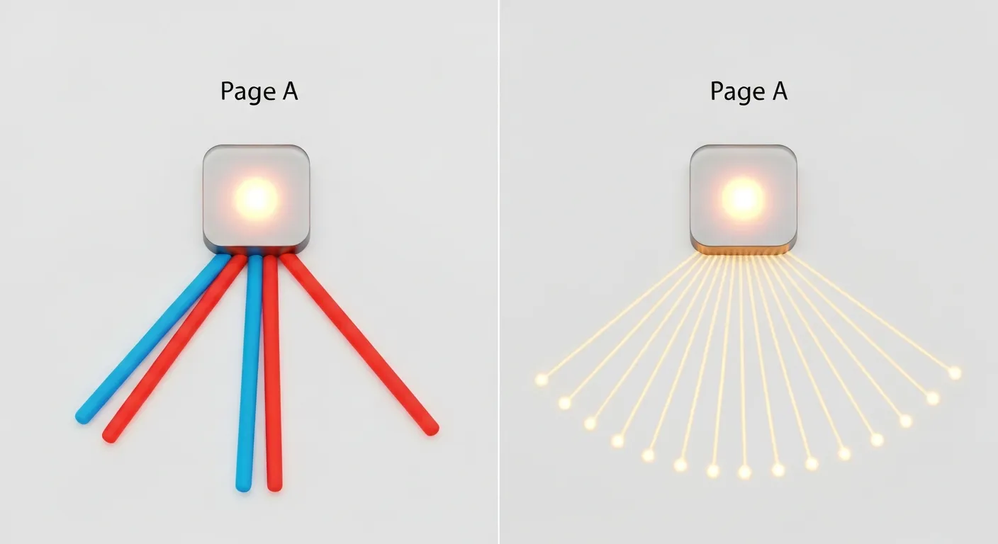 Diagram ilustrujący koncepcję dylucji link juice. Po lewej stronie, jedna strona internetowa z dwoma linkami wychodzącymi, z których każdy przekazuje gruby, silny strumień energii. Po prawej, ta sama strona z dziesięcioma linkami, gdzie każdy przekazuje znacznie cieńszy i słabszy strumień energii.