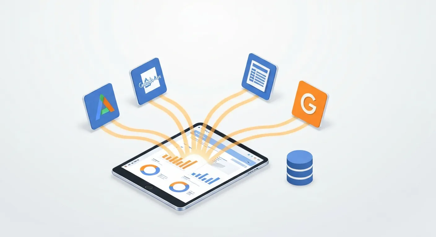 Ilustracja izometryczna pokazująca ikony różnych źródeł danych, takich jak Google Analytics, Google Ads i arkusze kalkulacyjne, z których płyną strumienie danych do jednego centralnego laptopa, na którym wyświetlany jest zunifikowany raport Looker Studio. Symbolizuje to koncepcję 'jednego raportu, by rządzić wszystkimi'.