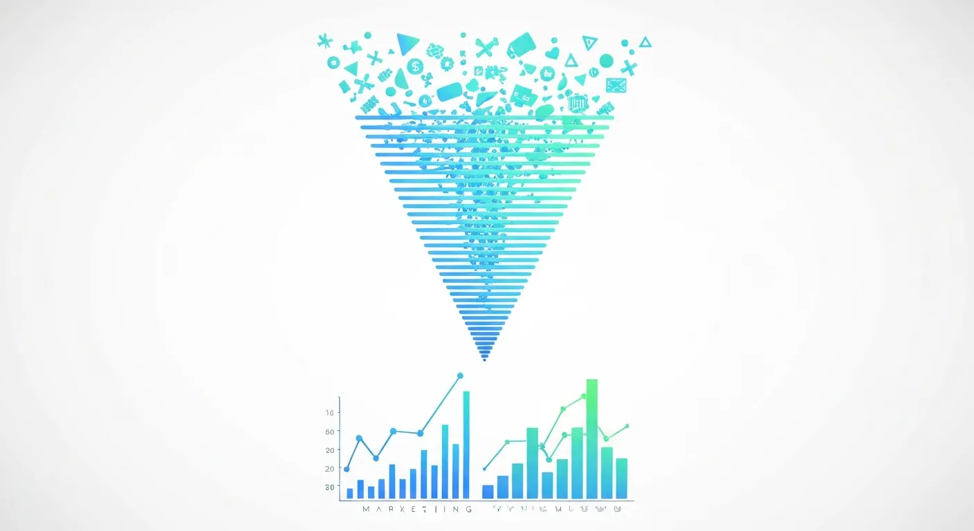Abstrakcyjna wizualizacja lejka marketingowego, w której chaotyczne, surowe punkty danych na górze lejka stopniowo porządkują się i przekształcają w przejrzyste, zorganizowane wykresy i wskaźniki KPI na dole, co ilustruje moc Looker Studio w analizie podróży klienta.