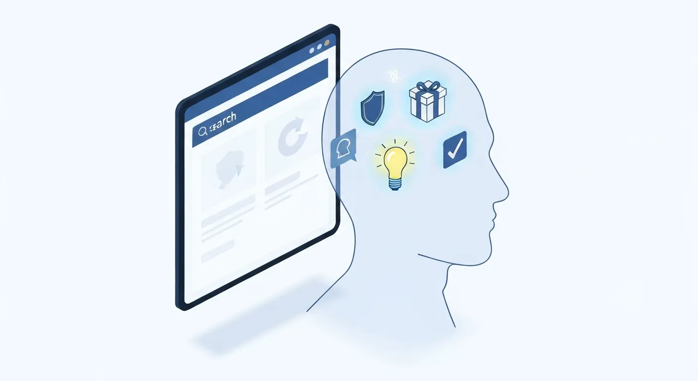 Ilustracja izometryczna wyjaśniająca psychologię kliknięcia. Pokazuje stylizowaną stronę wyników wyszukiwania, a nad nią przezroczystą sylwetkę ludzkiej głowy z ikonami symbolizującymi zaufanie (tarcza), wartość (prezent) i ciekawość (znak zapytania).