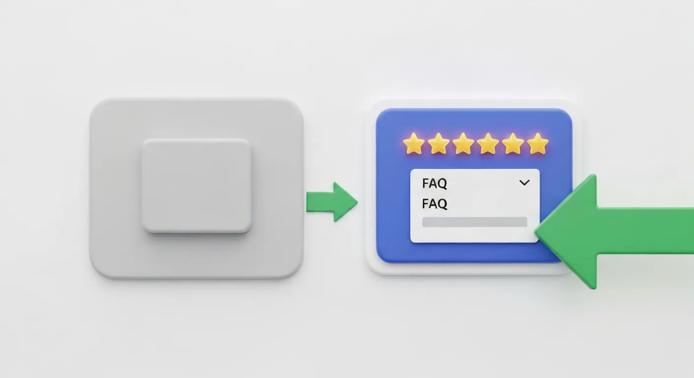 Porównanie standardowego wyniku wyszukiwania z wynikiem wzbogaconym (rich snippet), który wyróżnia się złotymi gwiazdkami oceny i rozwijaną sekcją FAQ, co wizualnie demonstruje jego wyższą atrakcyjność i potencjał CTR.