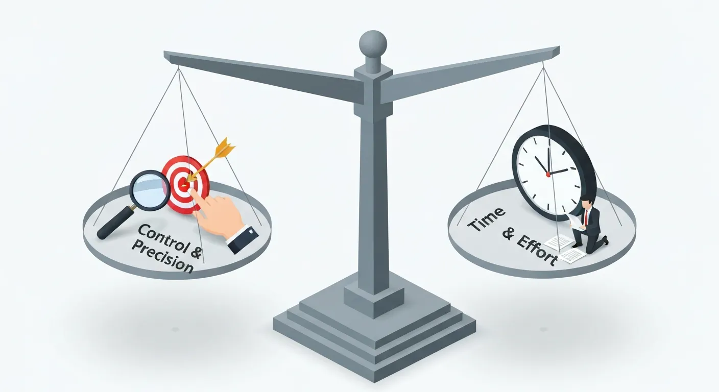 An isometric illustration of a large, classic balance scale comparing the pros and cons of manual bidding. On one side, there is a magnifying glass over a dollar sign and a hand precisely adjusting a lever, symbolizing 'Granular Control'. On the other, heavier side, there is a large, ticking clock with a busy person running on it, symbolizing 'Time-Consuming'.