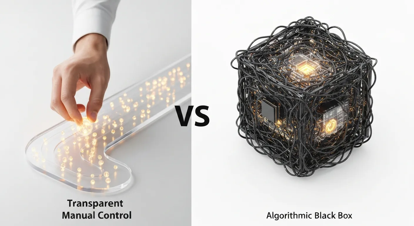 An abstract visualization contrasting two methodologies for ad bidding. On the left, a transparent, straight glass tube labeled 'Manual Bidding' shows a human hand carefully placing glowing coins at specific points. On the right, an opaque, complex 'black box' labeled 'Smart Bidding' with intricate, glowing neural network patterns inside, automatically dispenses coins at various intervals.