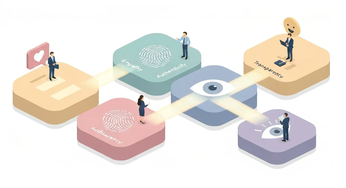 An isometric illustration representing the three pillars of H2H marketing. Three interconnected platforms are labeled 'Empathy', 'Authenticity', and 'Transparency', with diverse people collaborating and building a bridge towards a customer icon.