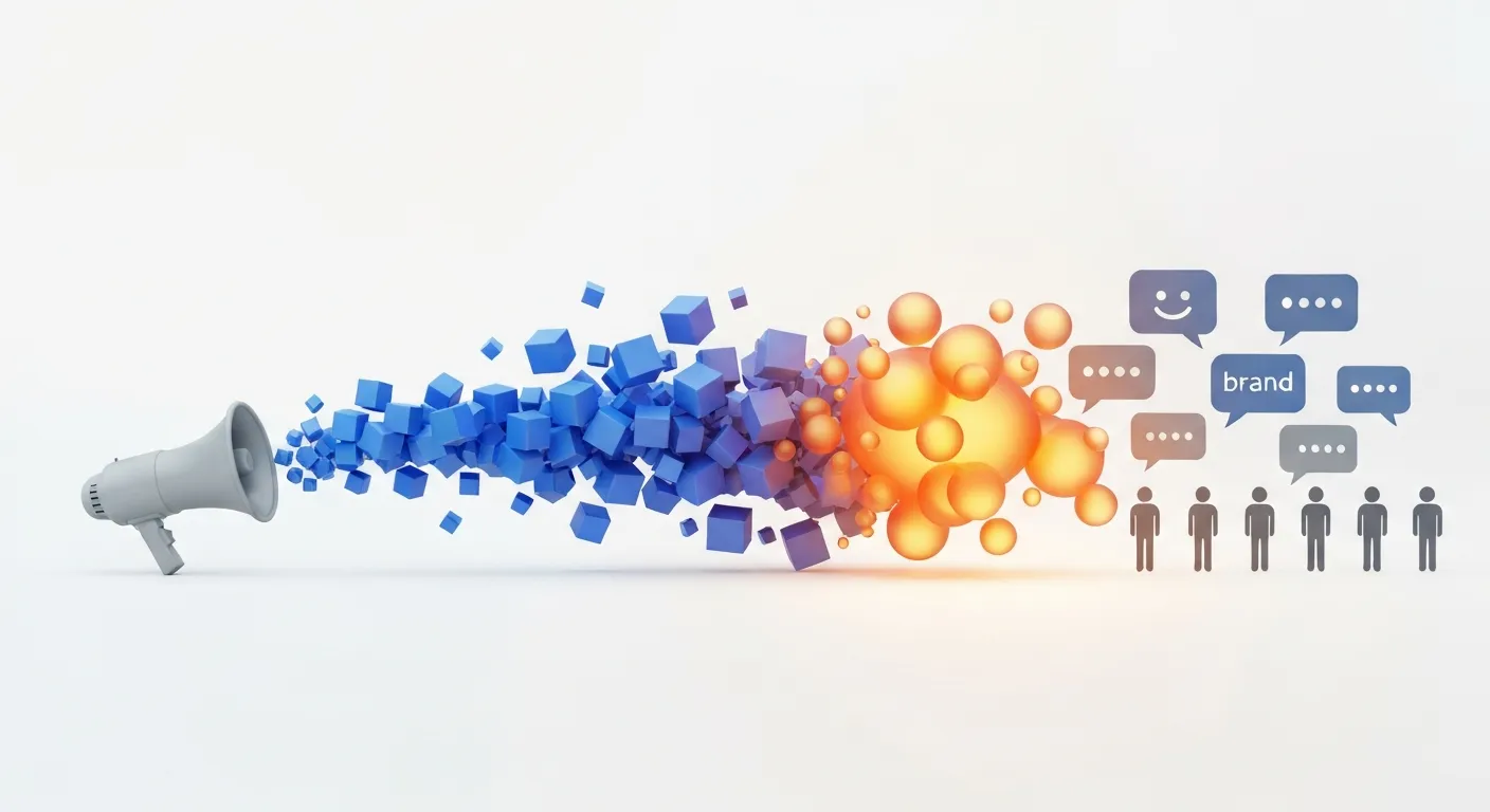 An abstract data visualization showing the shift from one-way corporate communication to a two-way H2H dialogue. Sharp, impersonal data blocks from a megaphone transform into warm, organic conversation bubbles between a brand and its community.