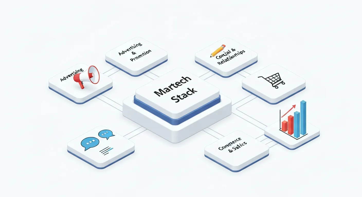 An isometric diagram showing the five main categories of Martech tools: Advertising, Content, Relationships, Commerce, and Data, represented as interconnected blocks in a cohesive technological ecosystem, illustrating the structure of a martech stack.