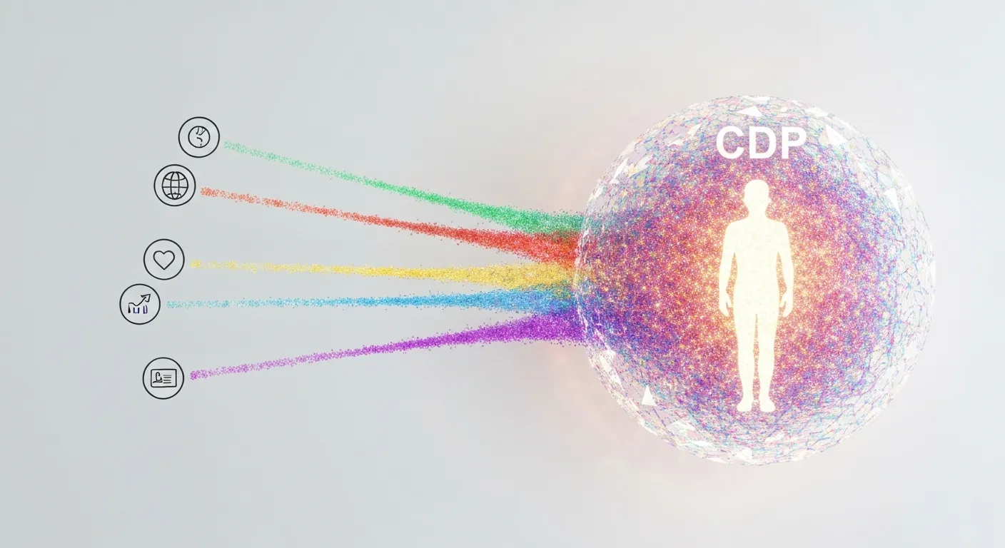An abstract visualization of a Customer Data Platform (CDP). Various streams of data from different sources like websites, social media, and sales systems are shown flowing into a central core, which transforms them into a single, unified customer profile.
