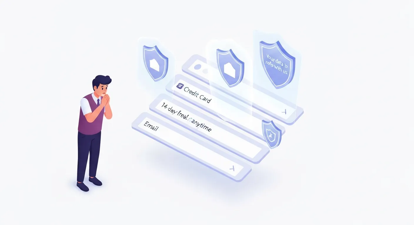 An isometric illustration showing a user looking at a website's registration form with a worried expression. Helpful microcopy appears as reassuring shields, alleviating their fears about data privacy and unexpected costs.