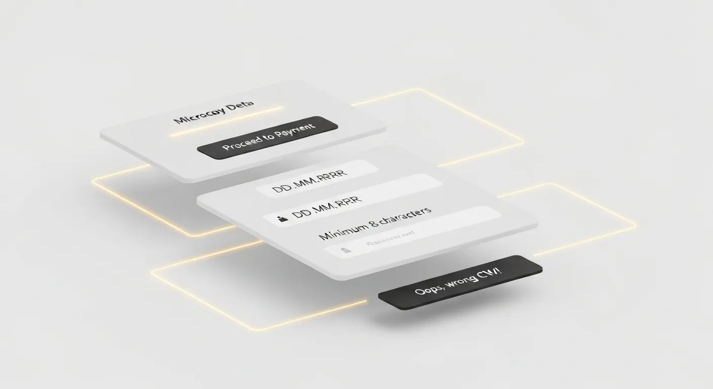 An abstract visualization deconstructing a user interface to highlight different types of microcopy. Key elements like a CTA button, a form helper text, and an error message are shown as critical, interconnected components in the UI machine.