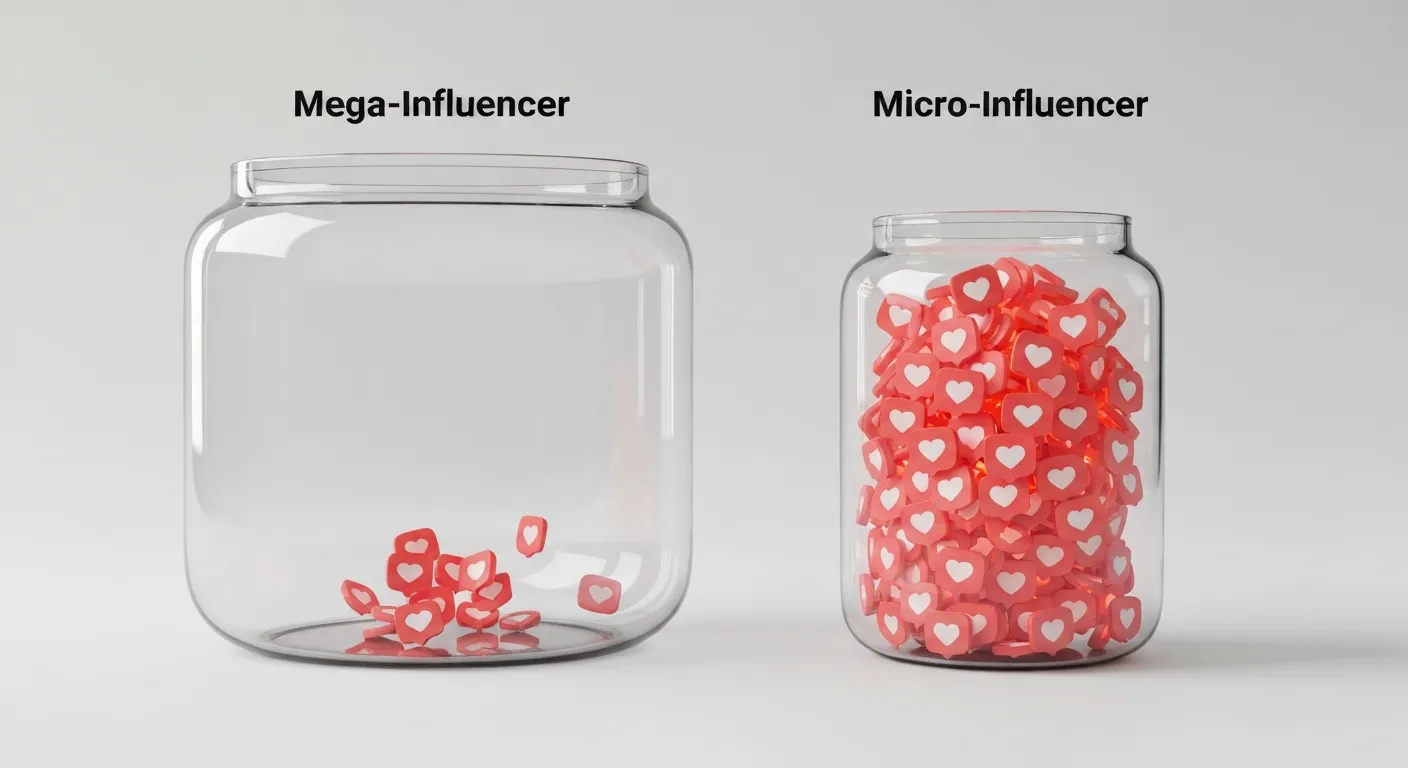 An abstract data visualization comparing the engagement rates of different influencer tiers. A small bar representing micro-influencers has a very high density of engagement icons (hearts, comments), while a massive bar for mega-influencers is mostly empty, illustrating the concept of higher engagement in smaller communities.