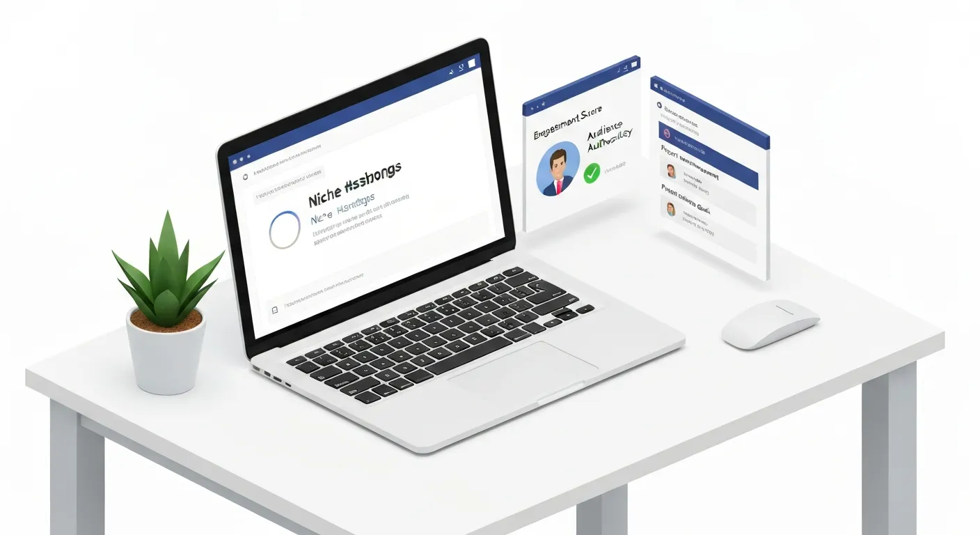 An isometric illustration of a marketing strategist's workspace, showcasing the methodical process of finding the right micro-influencer. The scene includes screens with data analysis, social media searches, and profile vetting checklists.