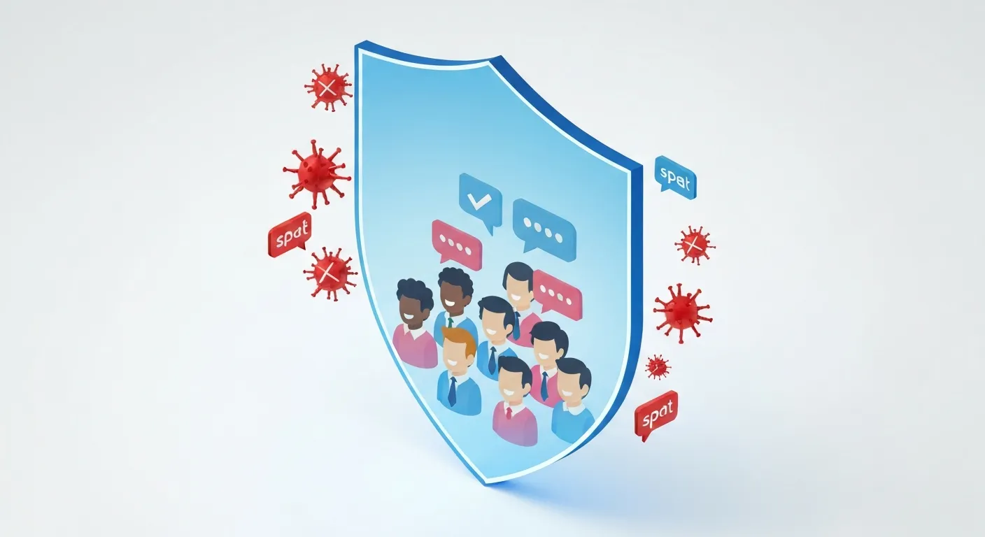 An isometric illustration showing a large, glowing shield protecting a diverse online community from harmful content. The shield deflects incoming red, spiky icons representing cyberbullying, spam, and fake news, ensuring the safety of the users interacting peacefully behind it.