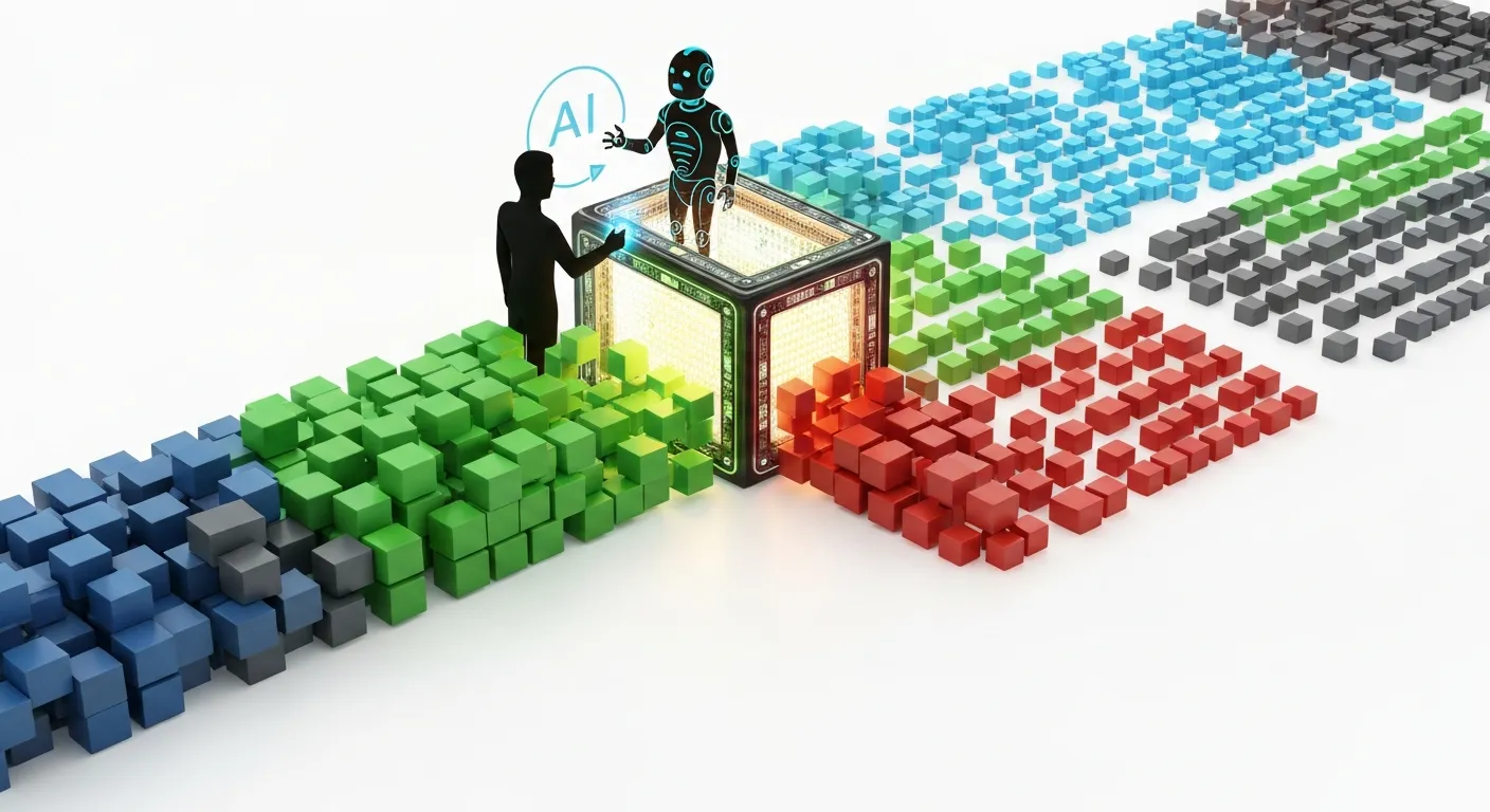 An abstract data visualization showing the process of content moderation. A stream of user-generated content, represented by different colored blocks, flows through a sophisticated digital filter. The filter, operated by a combination of AI and a human moderator, separates harmful red blocks from beneficial green and blue blocks.