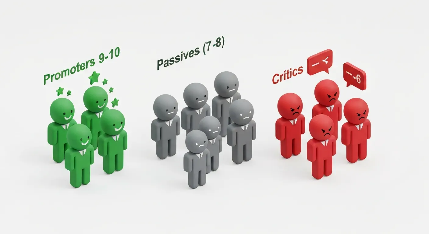 Infografika ilustrująca trzy grupy respondentów NPS: Promotorów (uśmiechnięte postacie), Pasywnych (neutralne postacie) i Krytyków (niezadowolone postacie), wizualizująca segmentację klientów na podstawie ich opinii.