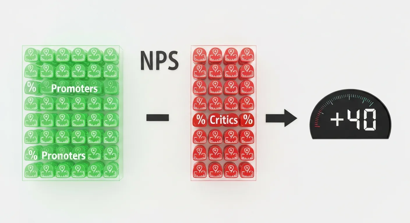 Wizualizacja formuły obliczania NPS, pokazująca procent Promotorów, od którego odejmowany jest procent Krytyków, co daje końcowy wynik na cyfrowym wskaźniku.