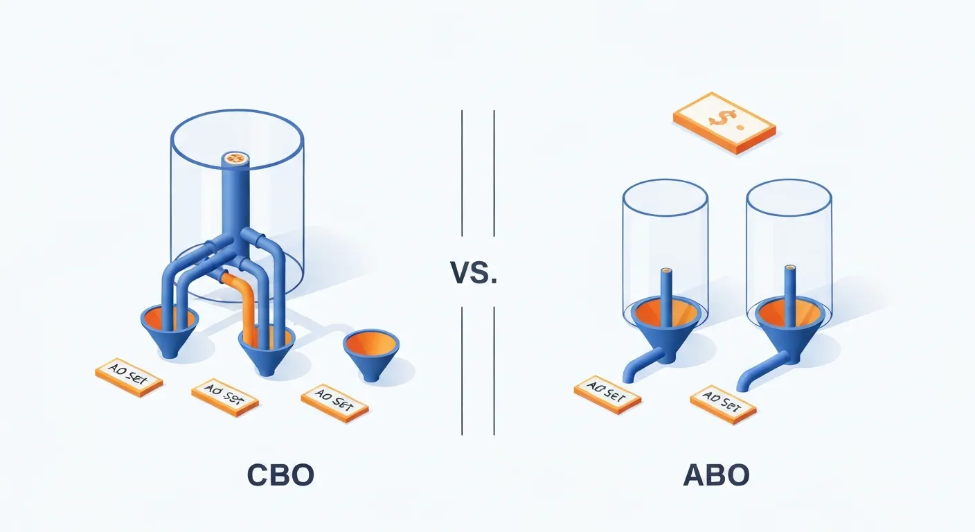 Infografika porównująca CBO (Optymalizacja Budżetu Kampanii) z ABO (Optymalizacja Budżetu Zestawu Reklam). Po lewej stronie CBO pokazuje jeden duży rezerwuar budżetu, który elastycznie zasila różne zestawy reklam w zależności od ich wydajności. Po prawej stronie ABO pokazuje oddzielne, sztywne budżety dla każdego zestawu reklam, bez elastyczności między nimi.