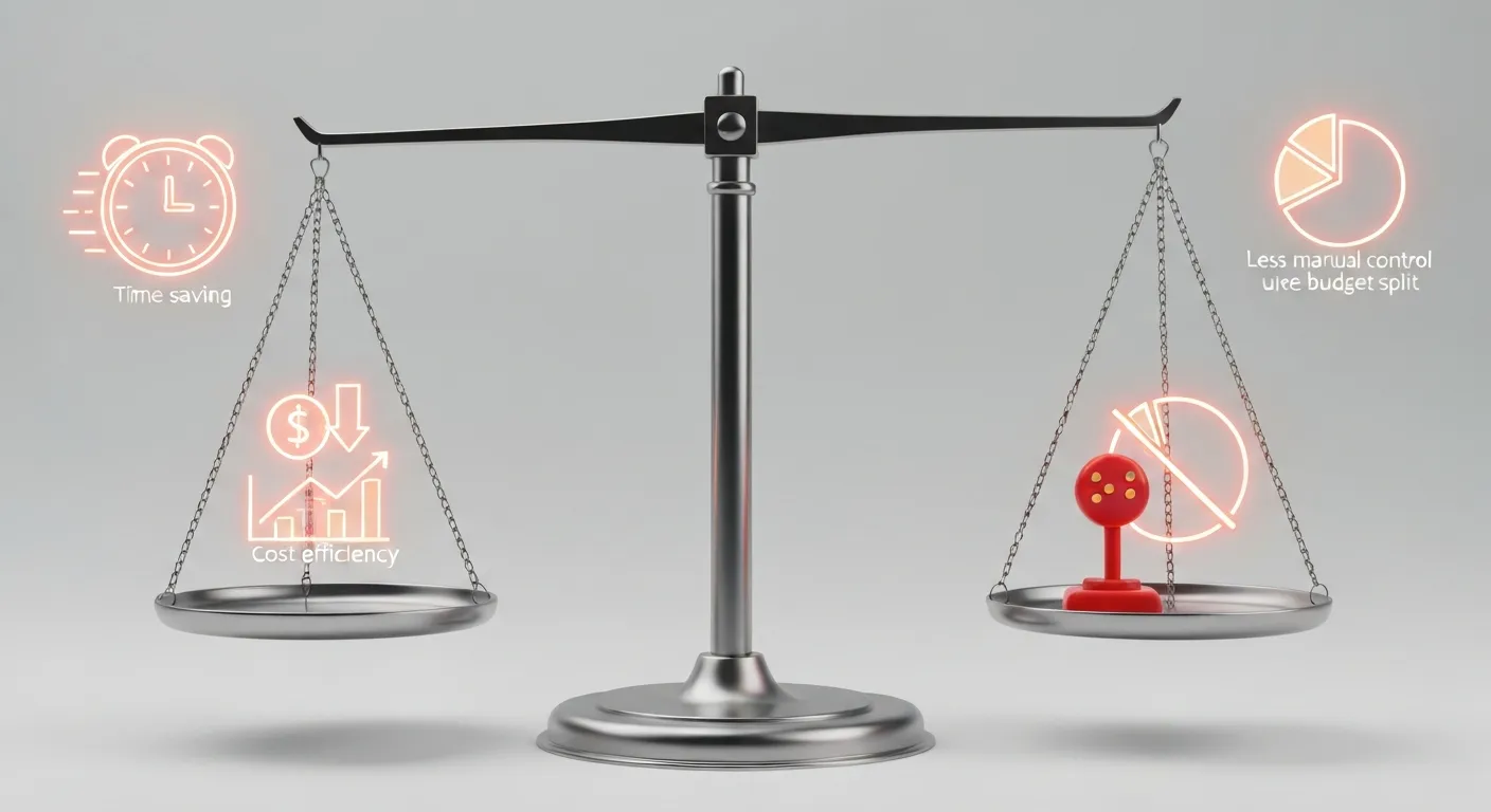 Wizualizacja zalet i wad CBO za pomocą nowoczesnej wagi. Po stronie 'Zalet' znajdują się ikony symbolizujące oszczędność czasu, efektywność kosztową i skalowalność, które przeważają. Po stronie 'Wad' znajdują się ikony mniejszej kontroli manualnej i ryzyka 'zagłodzenia' niektórych zestawów reklam.
