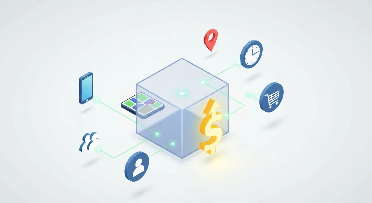 An isometric illustration showing the Google Ads algorithm analyzing various real-time user signals like device, location, and remarketing data to make an optimal bid decision.