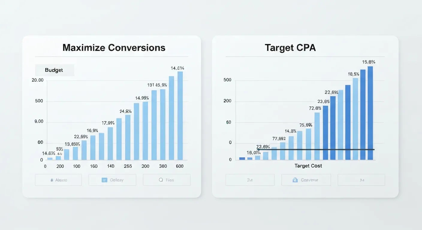 A modern dashboard comparing two Google Ads bidding strategies: 'Maximize Conversions' showing high volume, and 'Target CPA' showing conversions within a specific cost target.