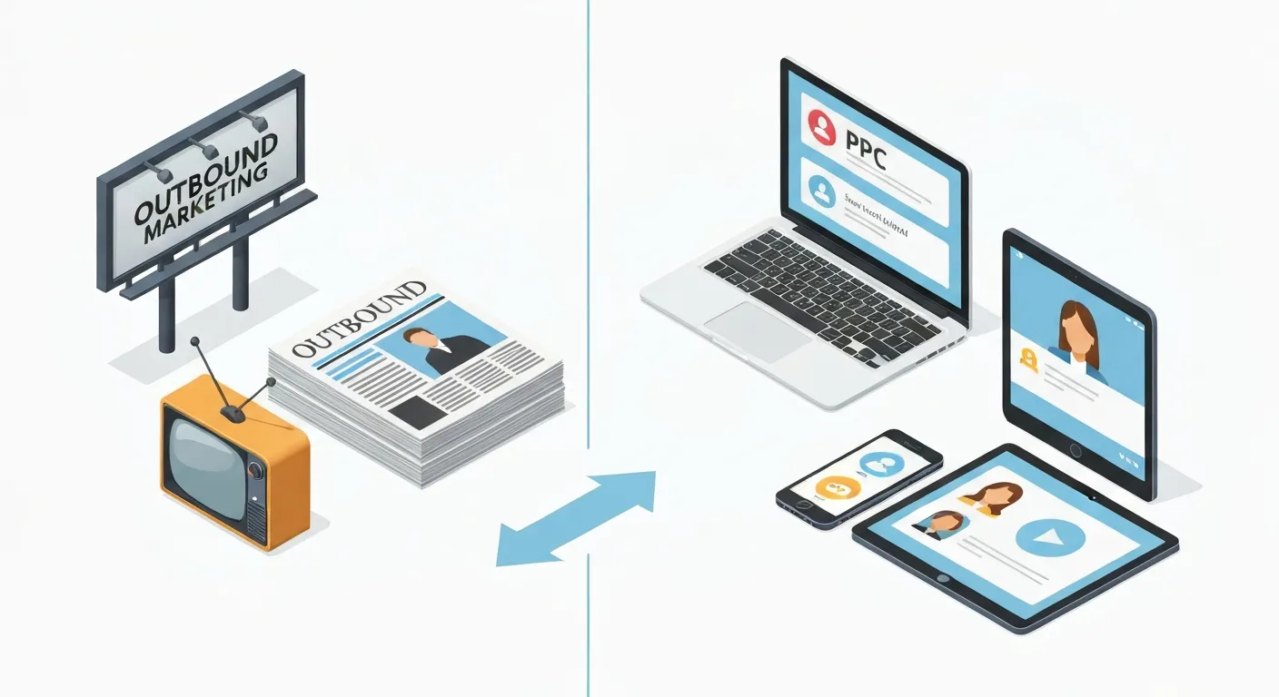 Zestawienie tradycyjnych i nowoczesnych form outbound marketingu. Po jednej stronie widać billboard i gazetę, a po drugiej laptop z reklamami PPC i smartfon z reklamami w mediach społecznościowych.