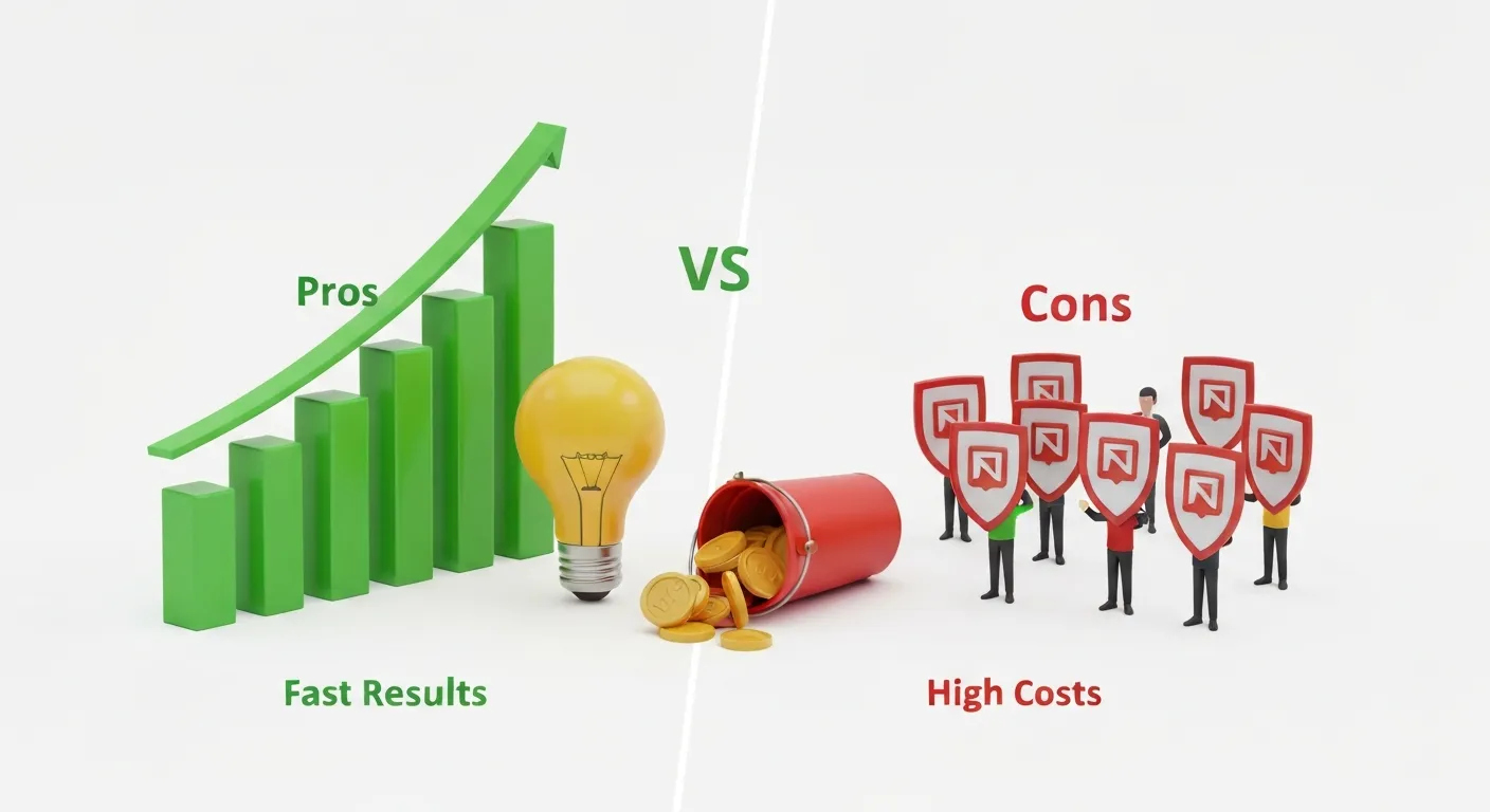 Graficzne przedstawienie zalet i wad marketingu outbound. Po stronie zalet znajduje się rosnący wykres symbolizujący szybkie efekty, a po stronie wad tarcza ad-block i wypadające z wiadra monety, symbolizujące irytację odbiorców i wysokie koszty.