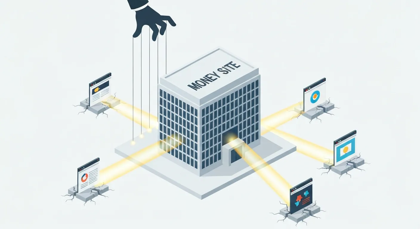 An isometric diagram explaining how a Private Blog Network (PBN) functions. A central 'money site' receives powerful link equity from a network of smaller, secretly controlled blogs built on repurposed expired domains.