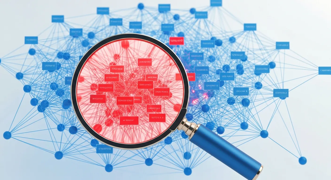 An abstract visualization of Google's algorithm detecting a PBN. A magnifying glass scans a complex web of websites, highlighting the hidden footprints that reveal the artificial nature of the network.