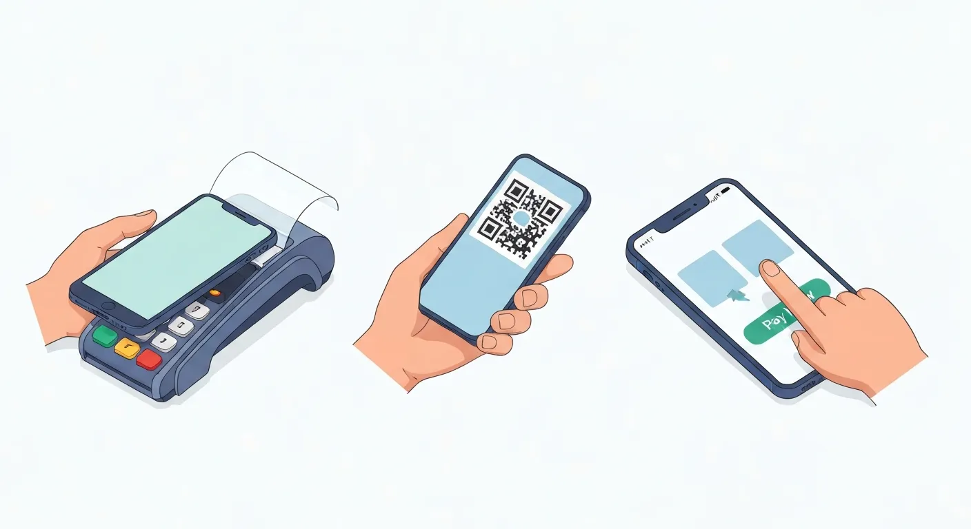 An isometric illustration showcasing three primary methods of mobile payments: a smartphone tapping a terminal, another phone scanning a QR code, and a third showing an in-app purchase.