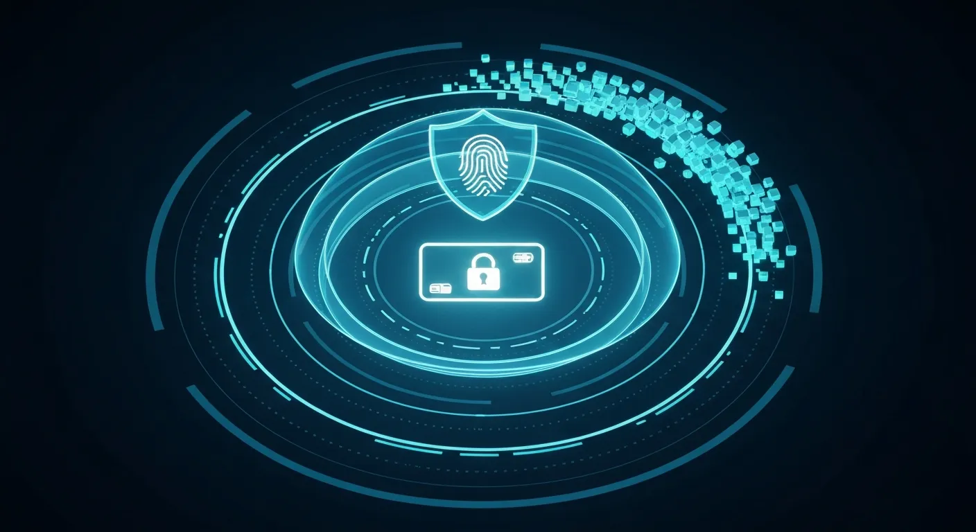An abstract visualization of mobile payment security, with a credit card icon protected by multiple digital layers, including a shield, a fingerprint, and a representation of data tokenization.