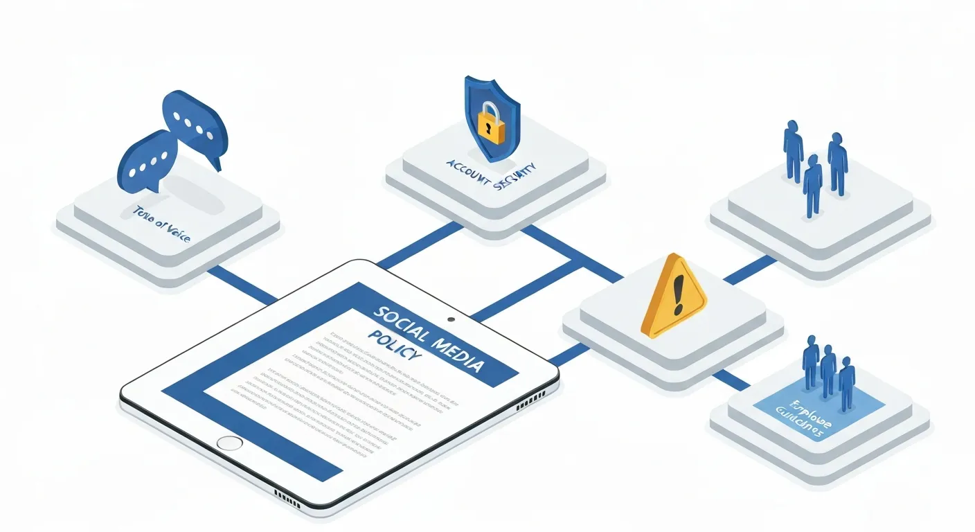 Kluczowe elementy polityki social media przedstawione w formie izometrycznej. Na ilustracji widać centralny dokument z napisem 'Polityka Social Media', od którego odchodzą ścieżki do sekcji: 'Tone of Voice', 'Zarządzanie Kryzysowe', 'Bezpieczeństwo Kont' i 'Wytyczne dla Pracowników'. Każda sekcja jest zilustrowana odpowiednią ikoną.