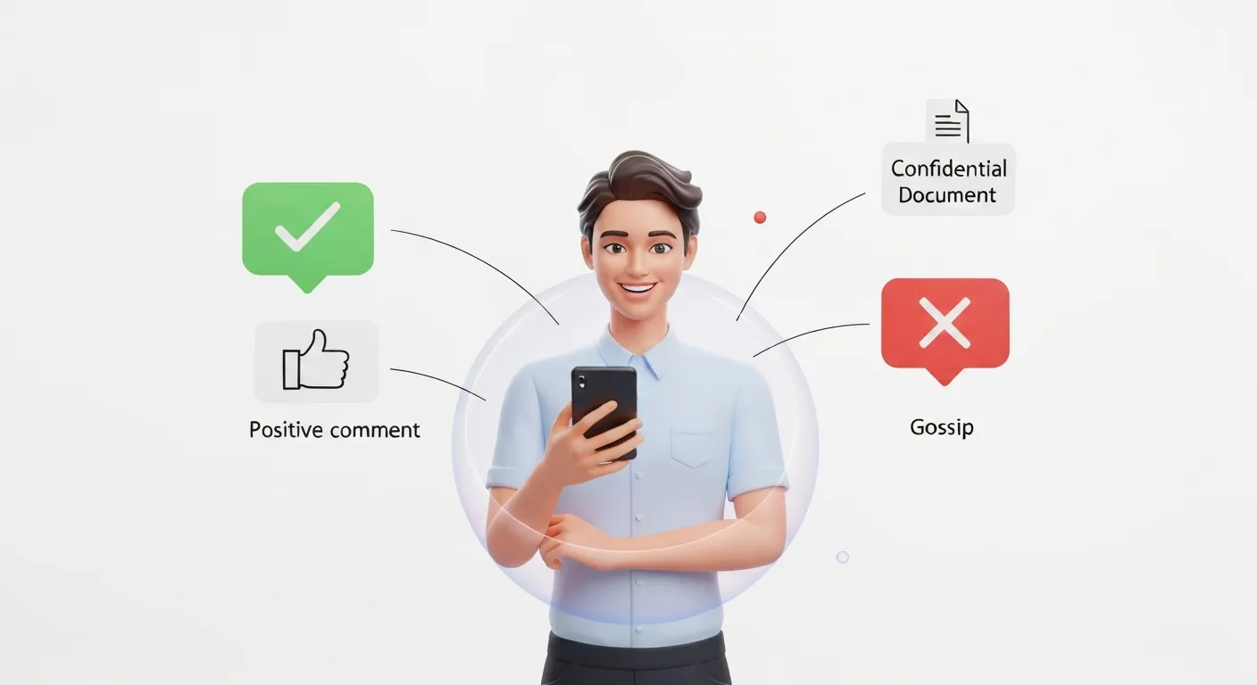 Pracownik, czując się pewnie dzięki jasnym wytycznym, działa jako ambasador marki. Ilustracja przedstawia pracownika używającego smartfona, otoczonego przez ikony 'Rób' (zielone ptaszki przy ikonach pozytywnego zaangażowania) i 'Nie rób' (czerwone krzyżyki przy ikonach informacji poufnych), co wizualizuje bezpieczne ramy działania.